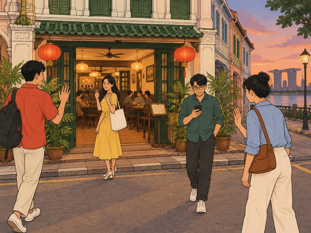 Four people arriving at a shophouse restaurant