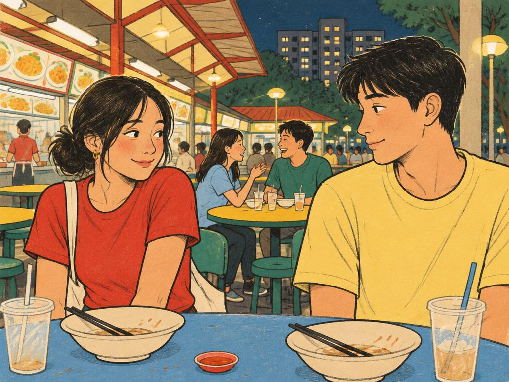 Two people sharing a glance after dinner at a hawker centre